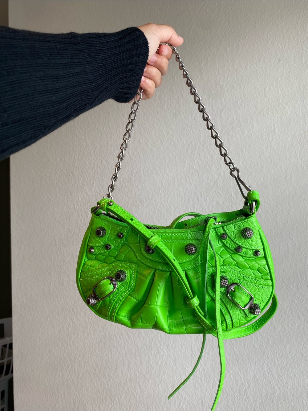 Balenciaga XS Le Cagole Electric Lime Green Croc Shoulder Bag with Chain